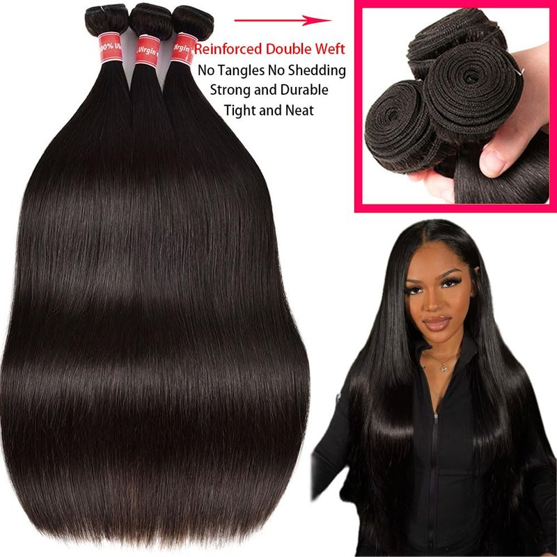 Oshiney Human Hair Bundles Straight 26-30 Inch 100% Unprocessed Brazilian Virgin Hair Weave 3 Bundles Silky Black Hair for Black Women