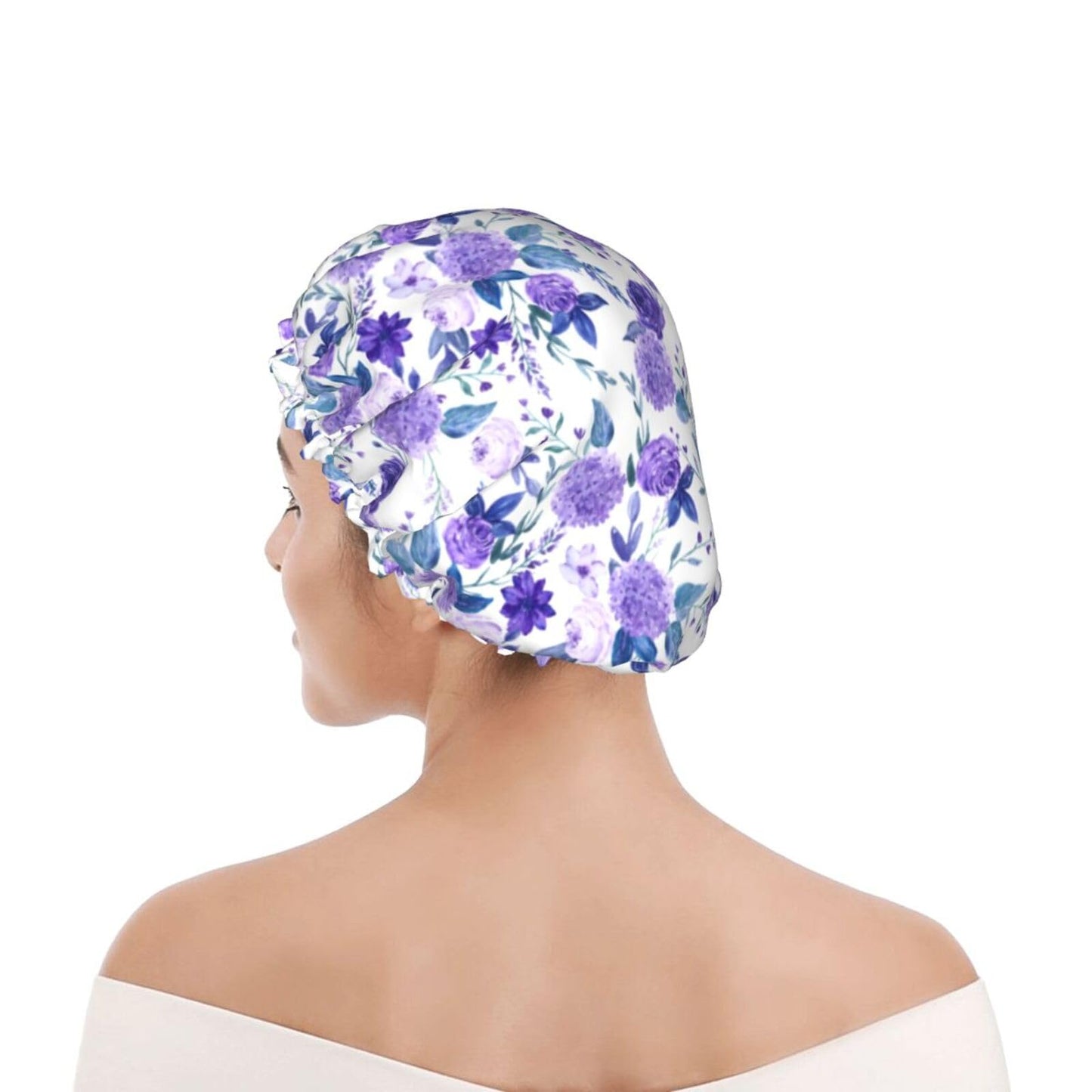 Violet Purple Rose Shower Cap For Women Adjustable Double Waterproof Layers Bathing Shower Hat Hair Protection Reusable Ladies Spa Salon Shower Hat
