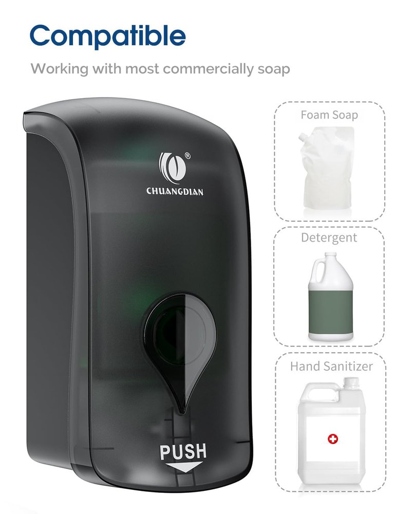 Foaming Hand Soap Dispenser, 35oz (1000ml) Manual Refillable Wall Mount Soap Dispenser, Durable ABS Plastic, for Commercial/Home/Bathroom/Kitchen, Semi-Transparent Black, CHUANGDIAN