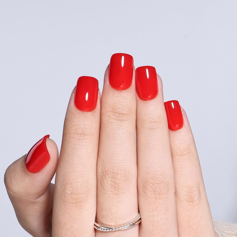 Red Press On Nails Short Square, Bright Red Glossy Fake Nails with Nail Glue for Women, Reusable Glue On Nails Kit, 30 PCS in 15 Sizes
