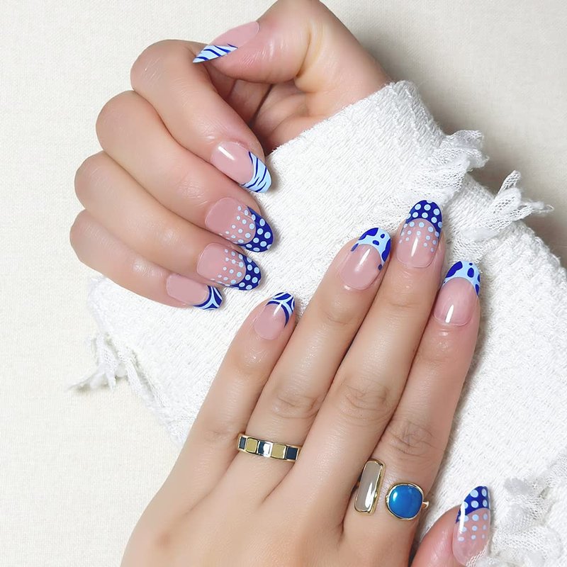 Press On Nails Set - 24 Pcs Almond & Square Fake Nails with Glue, Adhesive Tabs & File | Medium Size for Women, Girls & Kids