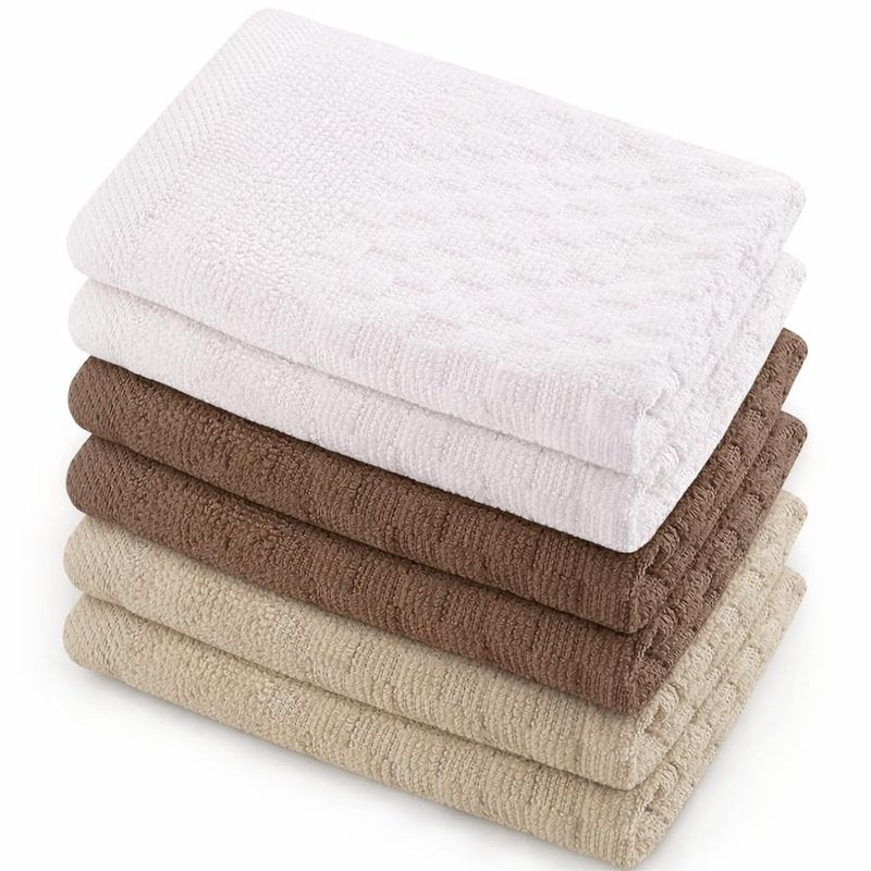 GREEN LIFESTYLE 12x12 inches Checker Washcloths 6 Pack, Soft, Durable, Highly Absorbent and Luxurious (Beige)