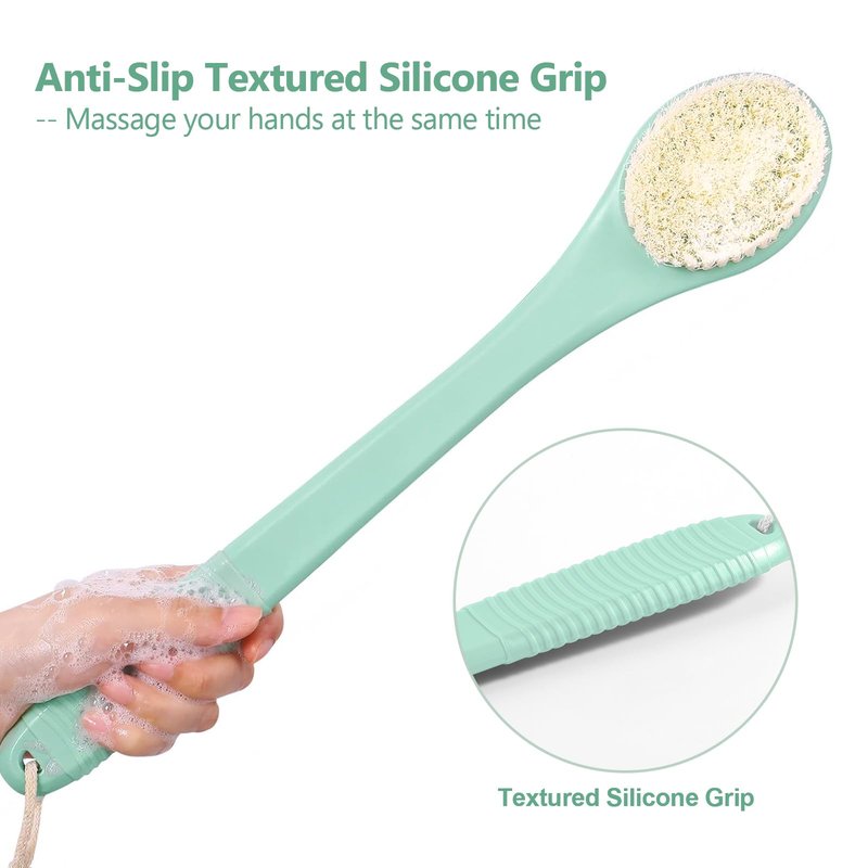 ROLIZOE 17-Inch Back Scrubber for Shower, Anti-Slip Exfoliating Body Brush for Bath, Gentle Back Brush for Shower for Men, and Women, Cleaning Skin for Smooth, Glowing Skin (Celadon Green)