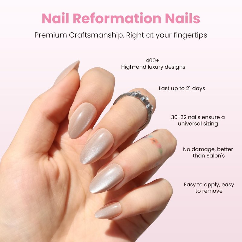 Nail Reformation Press On Nails, Glowing Aura | Natural Short Almond Fake Nails with Velvet Cat Eye, Salon Quality, Luminous Reusable Stick On Nails in 16 Sizes - 32 Nail Kit, Gifts for Women
