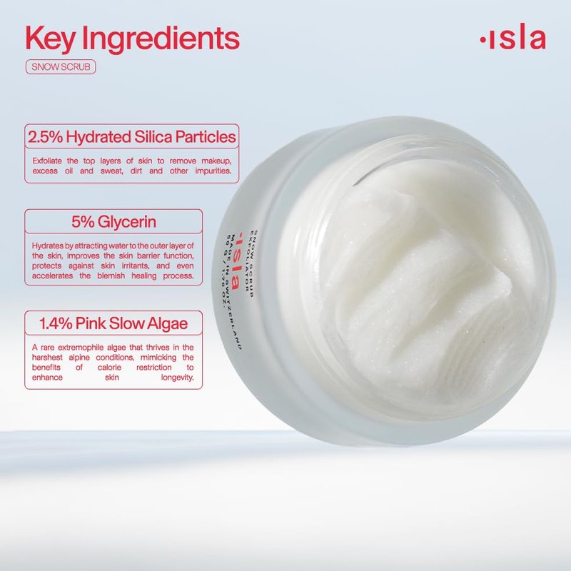 ISLA Snow Scrub Exfoliating Treatment, Smooths Texture, Unclogs Pores & Boosts Radiance, Hydrated Silica, Fruit Enzymes, Glycerin & Pink Slow Algae, Skin Barrier-Safe, Made in Switzerland, 1.76 fl oz