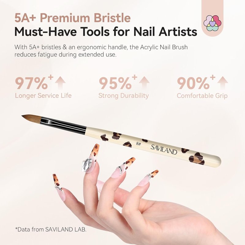 SAVILAND Acrylic Nail Brush Set - 3Pcs Leopard Print for Beginners | Sizes 8/10/14, Professional Nail Art Tools