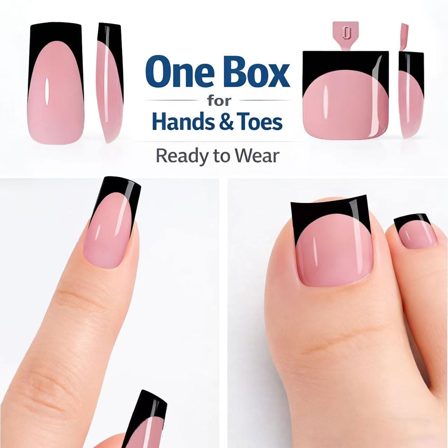 YeeLam 60Pcs 2-in-1 Press on Nails and Toenails – Glossy Black French Tip with Pink Base, 15 Sizes Square Soft Gel Fake Nails, Beginner Friendly Travel Set