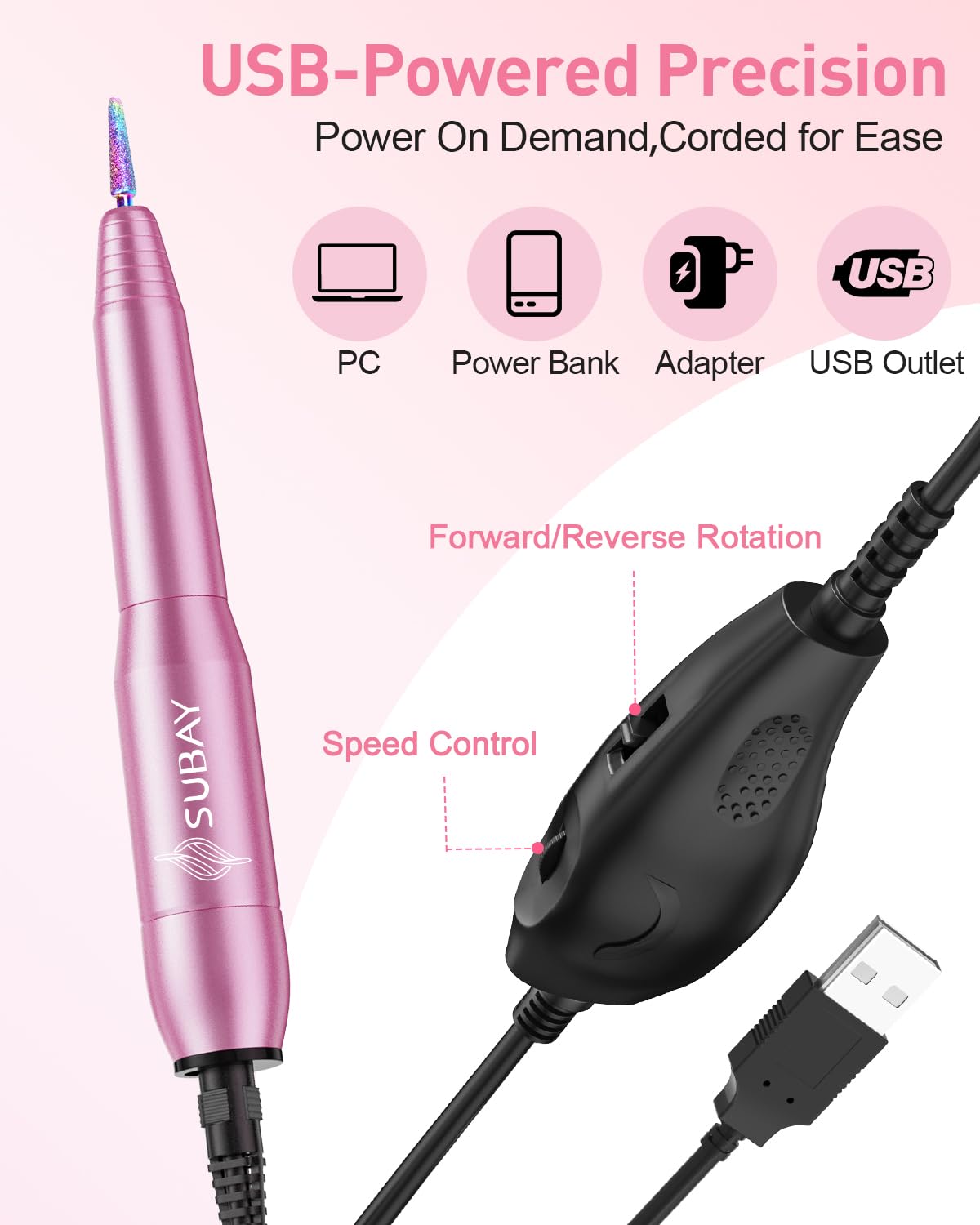 Subay Electric Nail Drill, Portable Electric Nail File for Acrylic Gel Nails, Manicure Pedicure Tool with 6 Bits and 26 Sanding Bands for Home and Salon Use - Pink