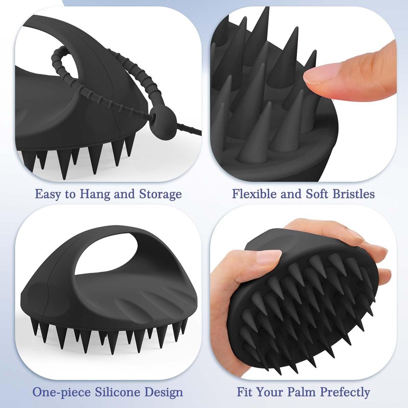 Manmihealth Silicone Back Scrubber & Soft Bath Glove, Silicone Scalp Massager Set 5 PCS, Super-Exfoliating Body Scrubber Shower Brush & Shampoo Brush Combination, with 2 Free Hooks (Style 2 Black)
