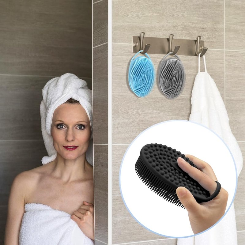 PQRUU 3 Pack Silicone Body Scrubbers for Use in Shower, Exfoliating Body Scrubber Fit for All Kinds of Skin, Soft Silicone Loofah for Women Men,Bath Scrubbers Rapid Foaming,Black,Blue,Gray