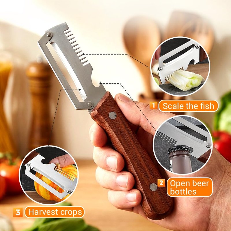 Premium Vegetable Peeler with Wooden Handle and Bottle Opener, Multi-Functional Vegetable Peeler for Kitchen, Kitchen Gadgets Tool for Fruit Pumpkin Peeling Potato Carrot Veggie Peeler (1)