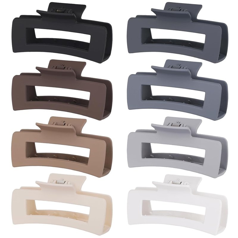 Large Hair Clips for Thick Hair - 8 Pcs Square Acrylic Claw Clips | Stylish Grey Brown Hair Accessories