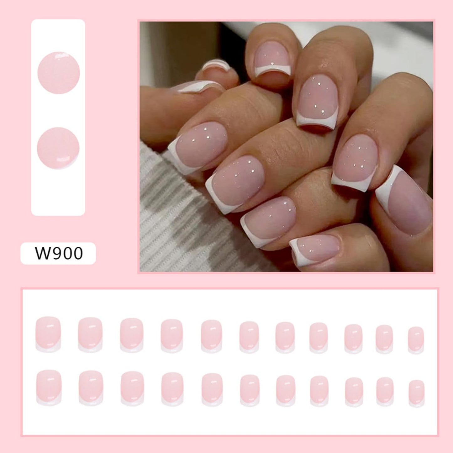 Skiennix White French Tip Press-On Nails - Glossy Pink Short Square Reusable Full Cover | DIY Nail Art