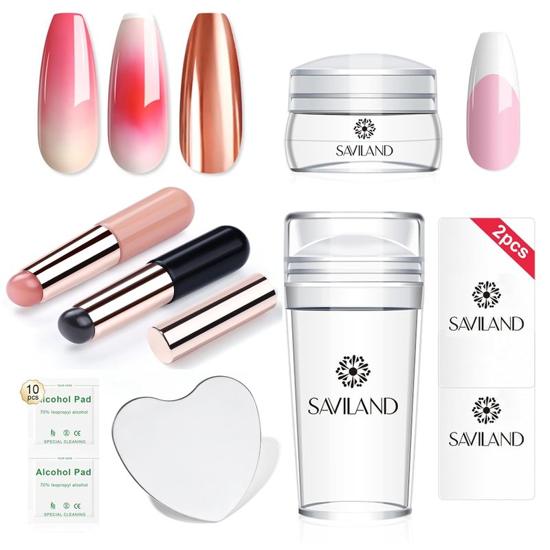 Saviland Silicone French Tip Nail Stamp Kit - 2PCS Reusable Jelly Stamper with Chrome Powder & 4 Art Stampers
