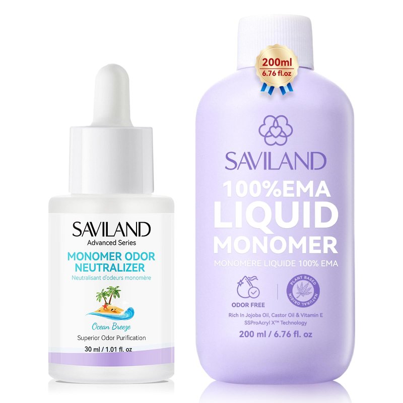 SAVILAND EMA Monomer Acrylic Nail Liquid Set: 200 ml Non Yellowing Acrylic Liquid with 30 ml Ocean Breeze Monomer Odor Neutralizer Drops for Acrylic Powder Nail Art Home DIY & Salon Use