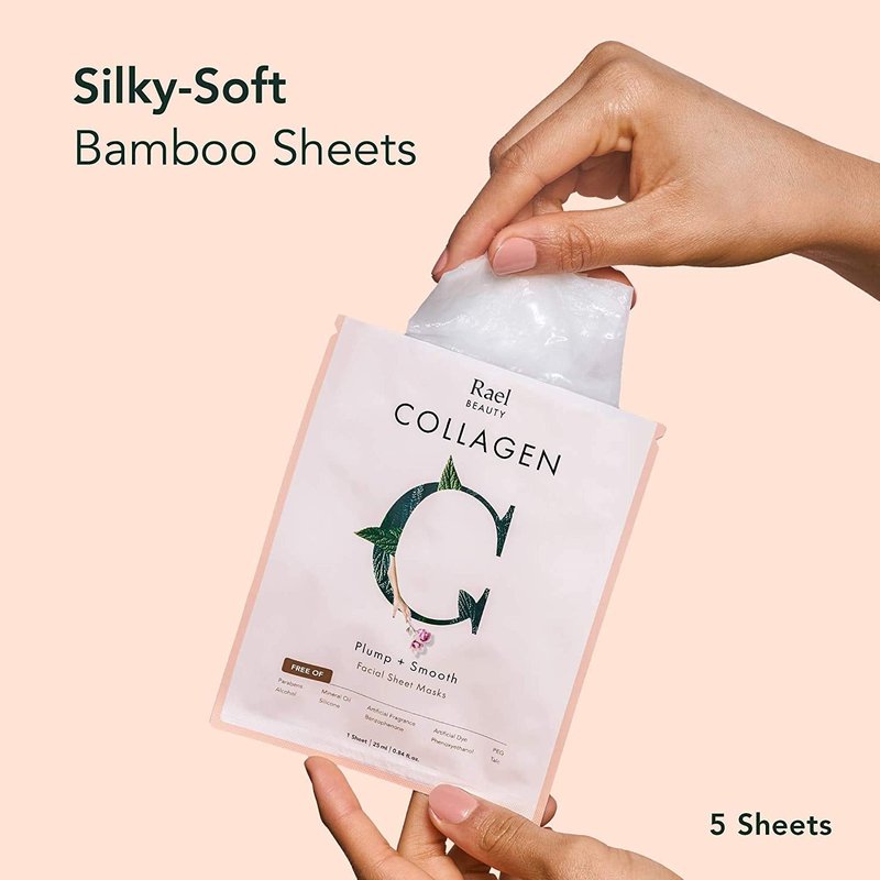 Rael Face Mask Skin Care, Collagen Face Masks - Bamboo Facial Sheet Mask, Korean Skincare, with Collagen Essence and Fruit Extracts, Nourishing and Hydrating, All Skin Types (Collagen, 5 Sheets)