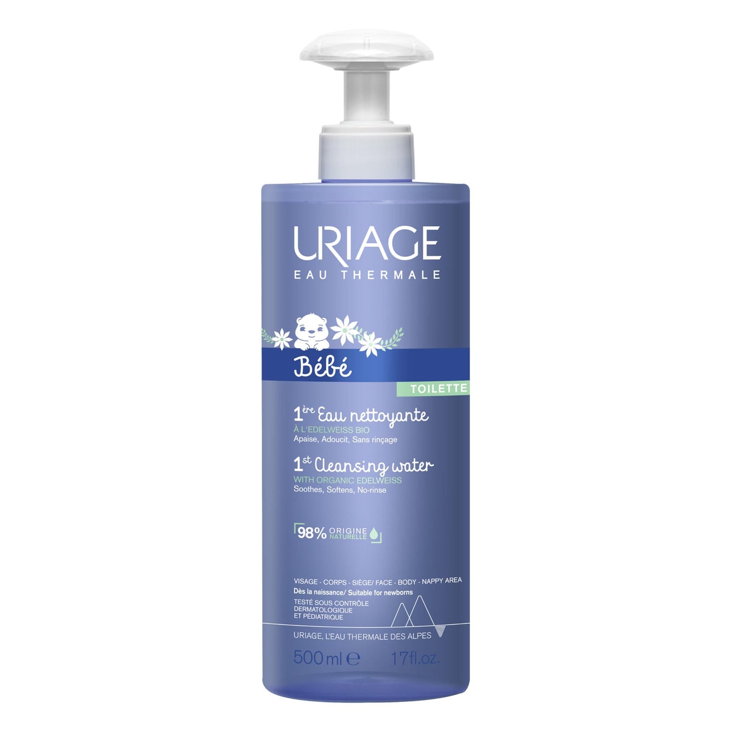 Uriage Baby No-Rinse Face & Body Cleanser With Organic Edelweiss, Soothes, Softens And Respects Baby's Delicate Skin, Ultra-Convenient Pump, Soap Free, Physiological Ph