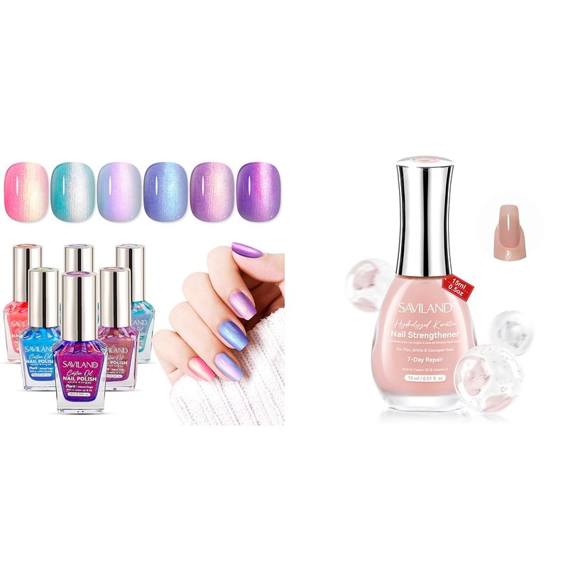 SAVILAND Nail Strengthener Nude 1Pcs 15ml & 6pcs Ombre Nail Polish Sets: Charm Pink Blue Gold Purple Ombre Summer Fingernail Polish