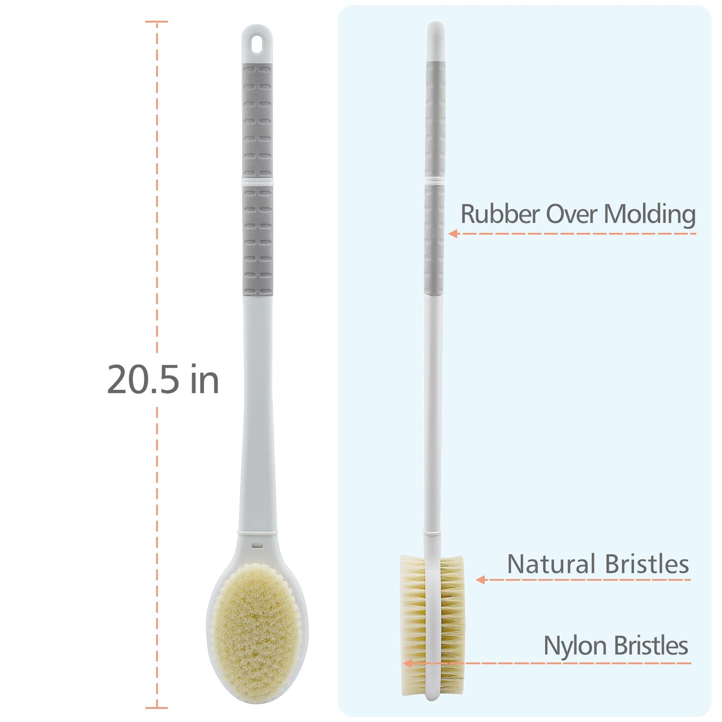 Shower Brush with Soft and Stiff Bristles,20.5" Extra Long Handle Dual-Sided Back Scrubber Bath Brush Body Exfoliator for Wet or Dry Brushing (Grey)(Super Long Handle)