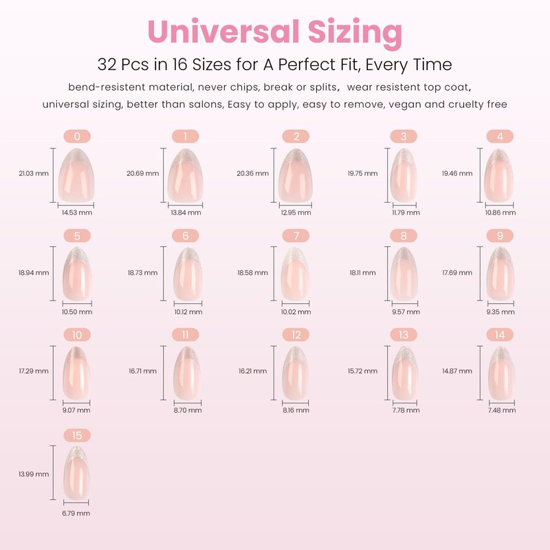 Nail Reformation Press On Nails, Sheer Nude Short Almond Fake Nails in Silver Glitter French Tip with Glossy Finish, Reusable Stick On Nails in 16 Sizes - 32 False Nail Kit with Glue, Gifts for Women