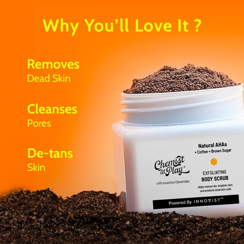 Chemist at Play Exfoliating Body Scrub For Removing Tan & Dead Skin Cells | Rough & Bumpy Skin, Tanned & Pigmented Skin | For Smooth, Soft & Bright Skin | Natural AHAs | Coffee 2.6 fl oz.