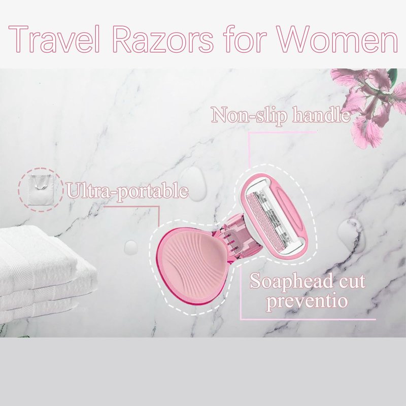 KoudHug Travel Razors for Women, 1 Count, Sensitive Skin Travel Size Razor, 2 Mini Razor Refills, Beach Vacation Essentials (Pink)