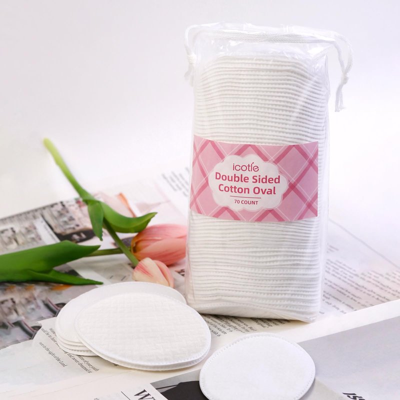 ICOTLE Large Oval Cotton Pads, 70 Count, 3-Layer, Dual Textured Design, Lint-Free, Ultra-Soft Cotton Oval for All Skin Types Cotton Pads for Makeup Removal, Cleansing, Skin Care etc.
