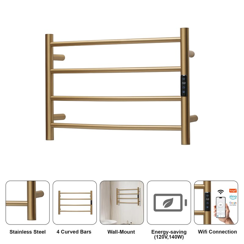 SHARNDY Electric Towel Rack with Voice Control for Alexa & Google Home,TUYA - Wall-Mounted Bathroom Heating Towel Warmer,Plug-in,Stainless Steel Material,16.54x23.62x5.51 in,Gold，4 Bars