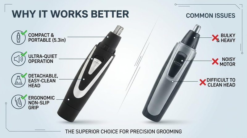 Ear and Nose Hair Trimmer Clippers: 2026 Professional Painless Eyebrow & Facial Hair Trimmers Remover for Men Women, Battery Operated Nasal Clipper, Dual Edge Waterproof Blades for Easy Clean, Black