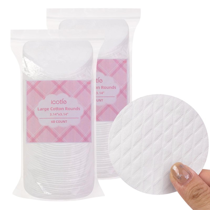 ICOTLE Extra Large Cotton Rounds, Diameter 3.14", 100% Pure Cotton Pads, Soft and Lint-Free, for Removing Makeup, Nail Polish, and Cleansing Face, 120 Count