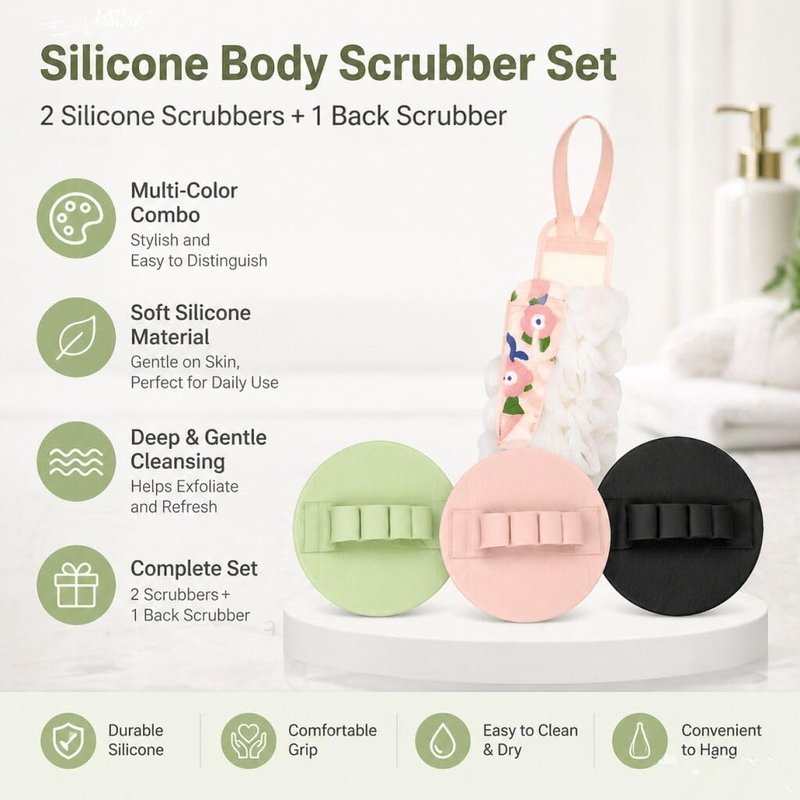 3-Pack Bath Scrubber Kit: 2 Silicone Exfoliating Pats & Double-Sided Long Handle Back Scrubber Bath Puff for Deep Cleansing. (Pink & Green & Pink)