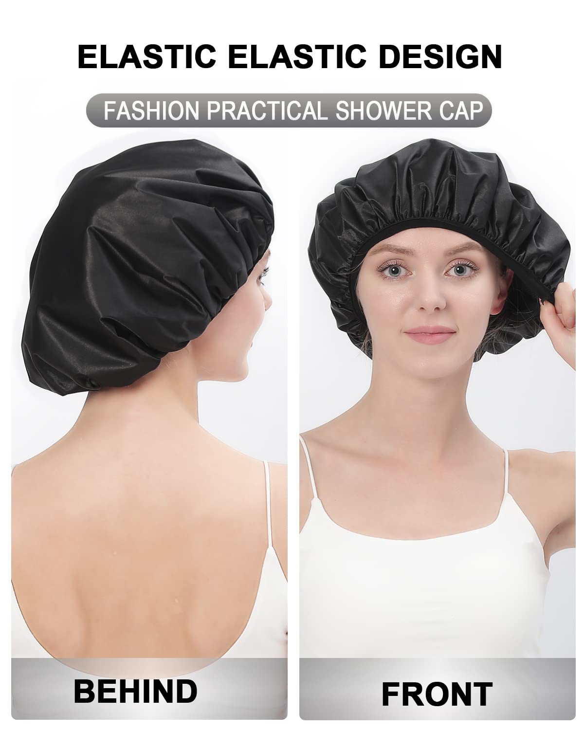 YIZIJIZI Terry Lined Shower Cap, Triple Layer Large Cap for Women, Reusable Waterproof for Long Thick Hair, Black