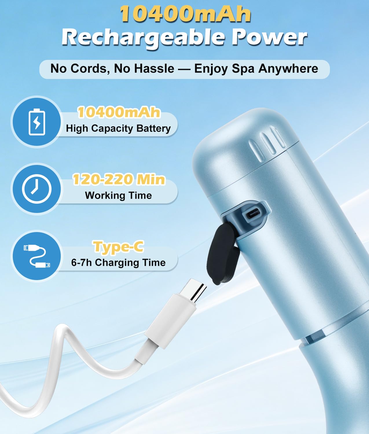 Bath Jet Spa for Tub, 10400mAh Rechargeable Bathtub Jet with Smart Temperature Sensor & LED Display, Portable Jet Spa with Bubble/Jet Mode & Adjustable Speed, IPX8 Waterproof for Daily Home Spa
