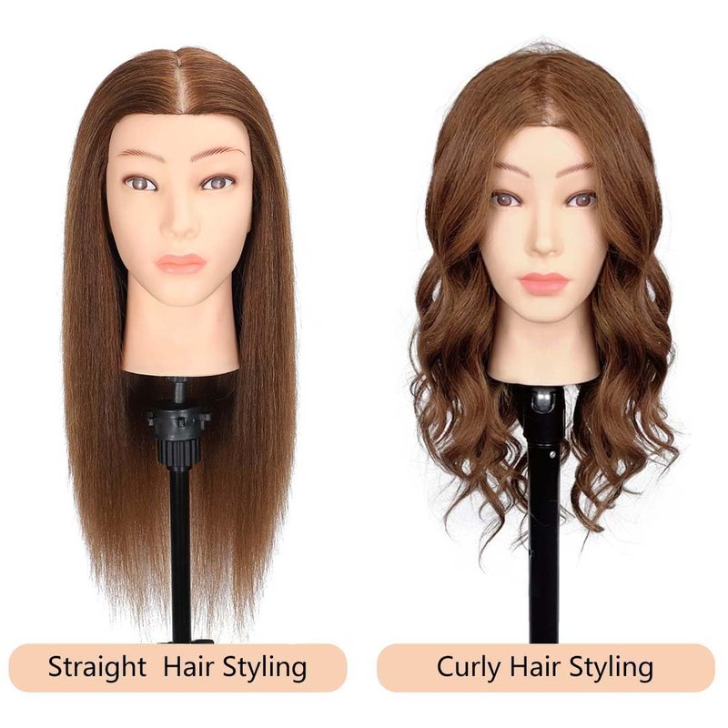 MQHIHI Mannequin Head Human Hair, 100% Real Hair Cosmetology Manikin Head for Practice Braiding Hairstyling Cutting with Free Clamp Holder and Tools (100% Brown)
