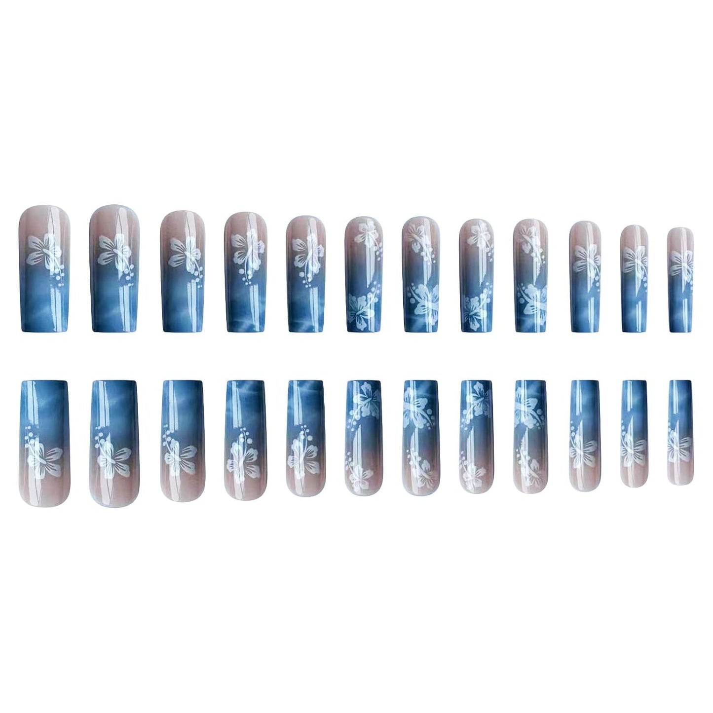 Square Press On Nails - Long Flower Gradient Design | Blue Full Cover Acrylic False Nails, 24pcs