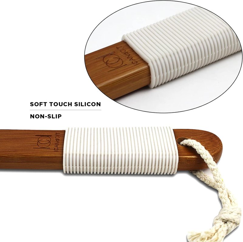 Natural Boar Bristle Bath Brush - Anti-Slip Long Handle Shower Scrubber | Exfoliating Back Brush with Pumice Stone (17.71 Inch)