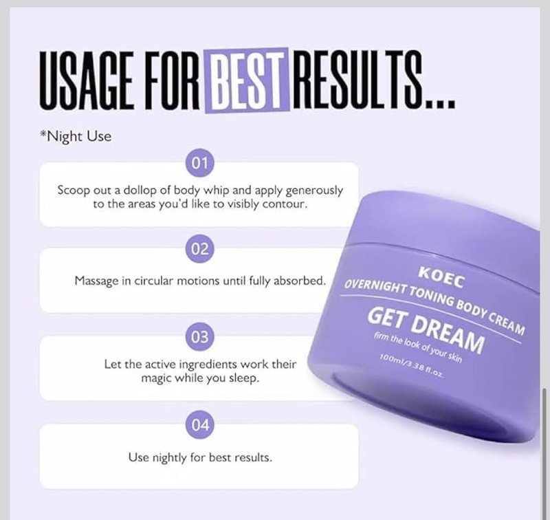 BEAUTIVANA KOEC Get Dream Overnight Toning Body Cream, Anti-Cellulite Firming Treatment with Passion Fruit Oil, Shea Butter, Lavender Oil, 3.38 Fl Oz