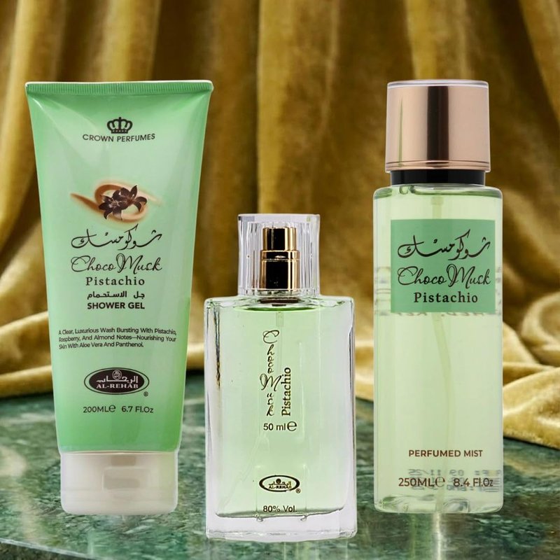 Al-Rehab Choco Musk Pistachio 3-Piece Gift Set – Eau de Parfum 50ml + Shower Gel 200ml + Body Mist 250ml – Pistachio & Vanilla Unisex Collection