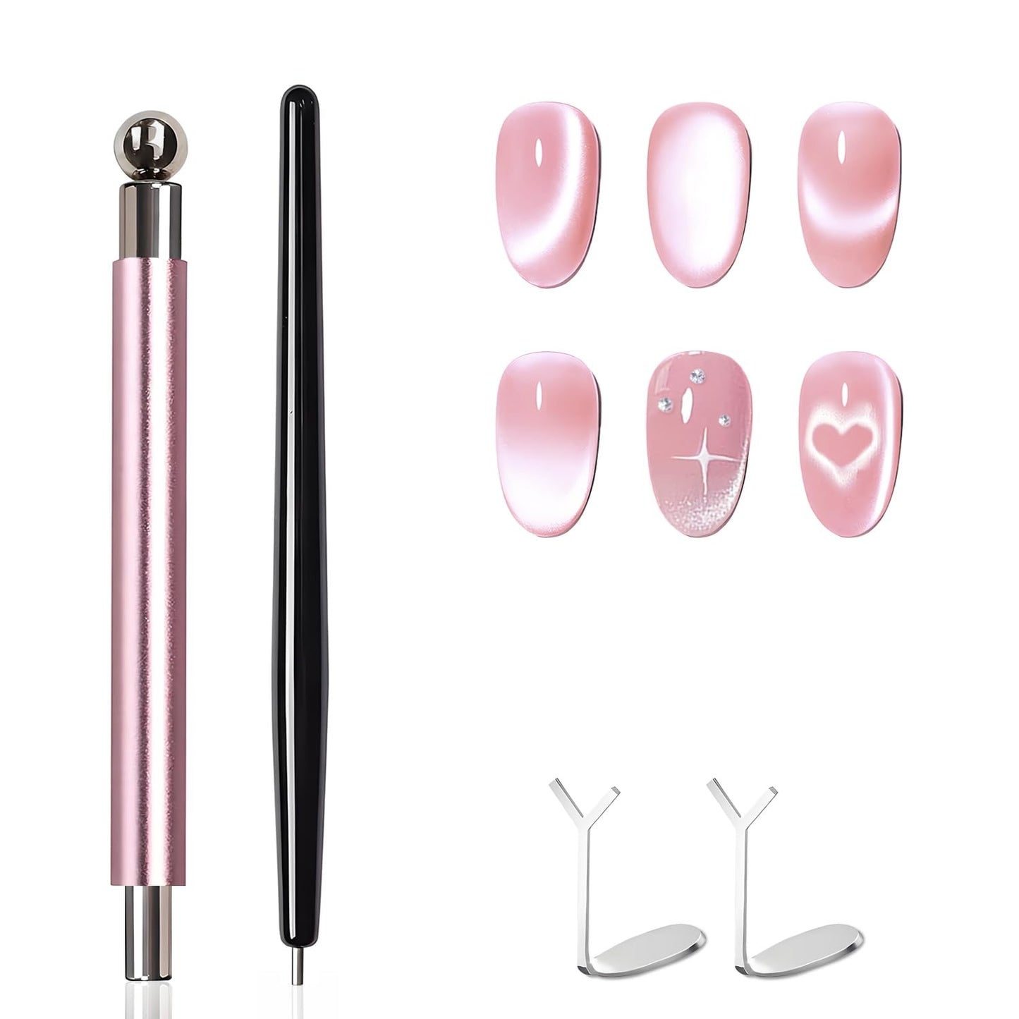 uadbau 4-Piece Cat Eye Magnet Set – Black Bead-Attracting Nail Magnet Pen & Heart-Shaped Magnet for Nails, Nail Magnets for Nail Art, Cat Eye Magnet for Nail Art, Perfect for Home DIY, Nail Art Design