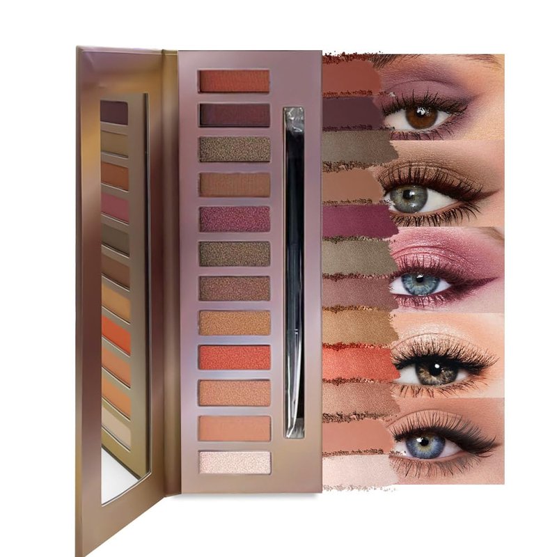 12 Colors Warm Neutral Eyeshadow Palette with Mirror & Brush, Matte & Shimmer Nude Brown Eye Makeup Palette for Women Longwear, Highly Pigmented Blendable Shades for Natural & Soft Smoky Looks, Set B