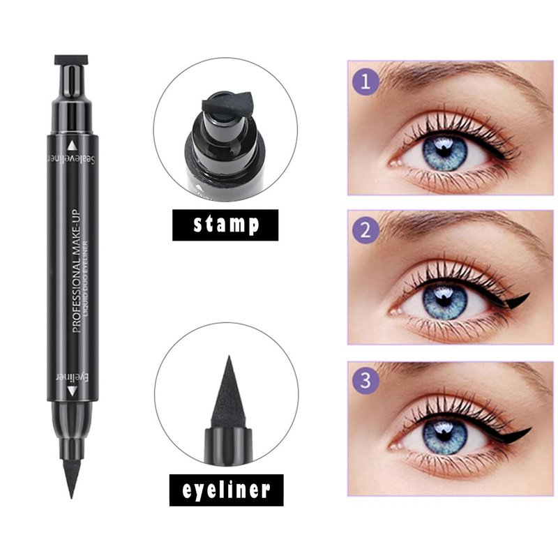 Linble Dual Ended Black Liquid Eyeliner - 2 in 1 Winged Cat Eye Stamp & Felt-tip Eyeliner Pen, Waterproof, Long Lasting and Smudge Proof Eye Makeup Tool for Women