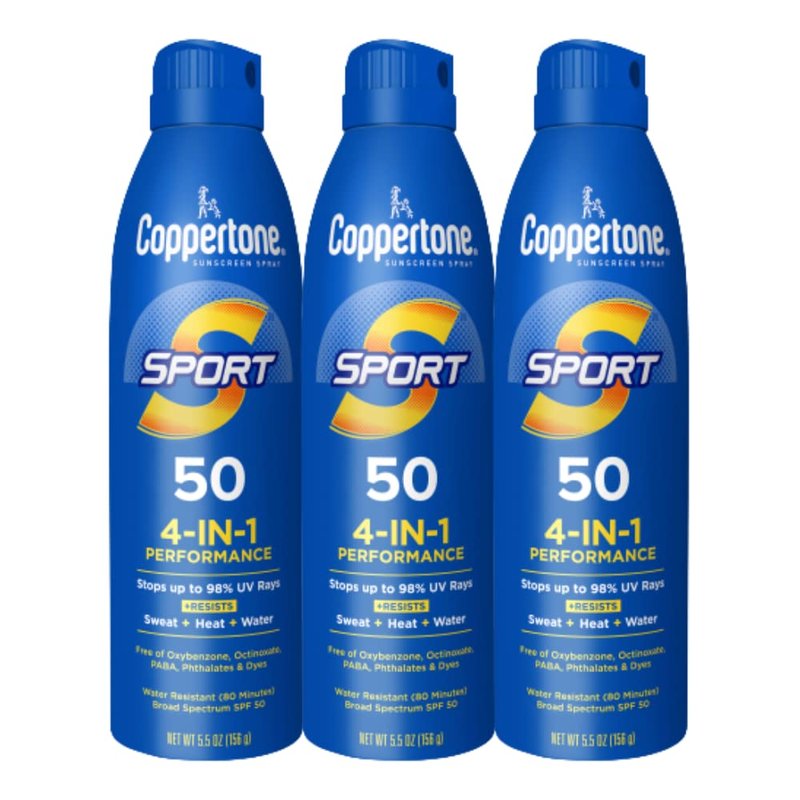 Coppertone Sport Sunscreen Spray SPF 50, Sweat, Heat and Water Resistant Sunblock, Lightweight, Oxybenzone Free, Spray Sunscreen Bulk Pack, 5.5 Oz Bottle, Pack of 3
