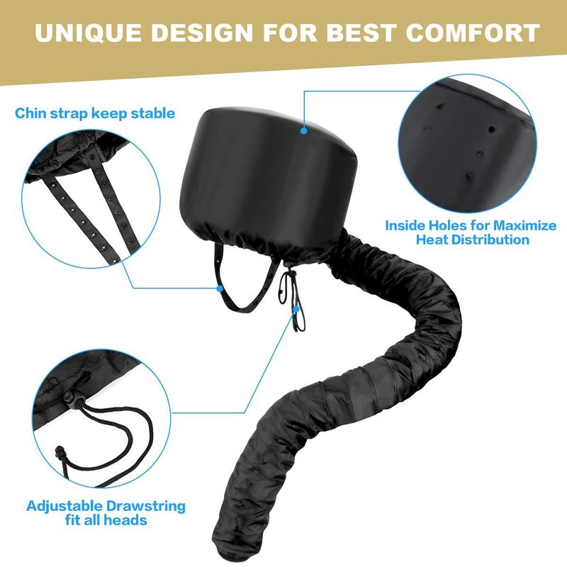 Bonnet Hood Hair Dryer Attachment Set - Soft Adjustable Hooded Bonnet for Hand Held Hair Dryer - Including Head Band for Drying Styling Curling Deep Conditioning