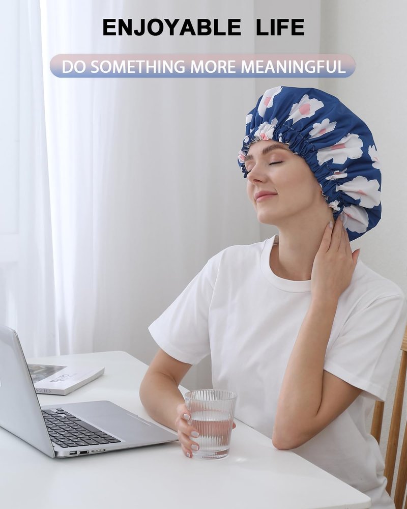 YIZIJIZI Shower Cap - Two Layer Waterproof Large Shower Cap for Women, Reusable Shower Caps for Long Thick Hair, Adjustable for Double Layer Adjustable Soft Bath Shower Caps (Blue)