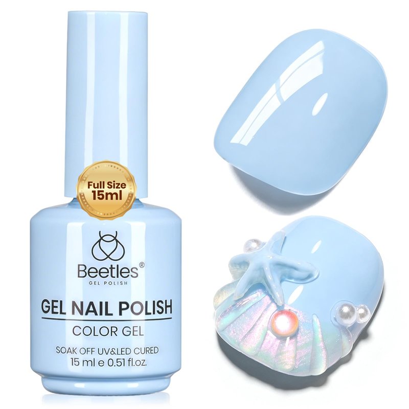 Beetles Blue Gel Polish - 15ML/0.51Fl Oz, Milky Blue Gel Nail Polish, Same Color Bottle, Soak Off UV LED Lamp Summer Nails Art, Long-Lasting Manicure Salon DIY Home Holiday Nails Art