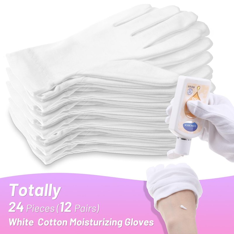 Selizo 12 Pairs 100% White Cotton Gloves for Eczema, Moisturizing Gloves for Dry Hands Overnight Women, Moisture Sleeping Spa Lotion Hand Cream Gloves for Eczema Dry Cracked Hands Sensitive Skin