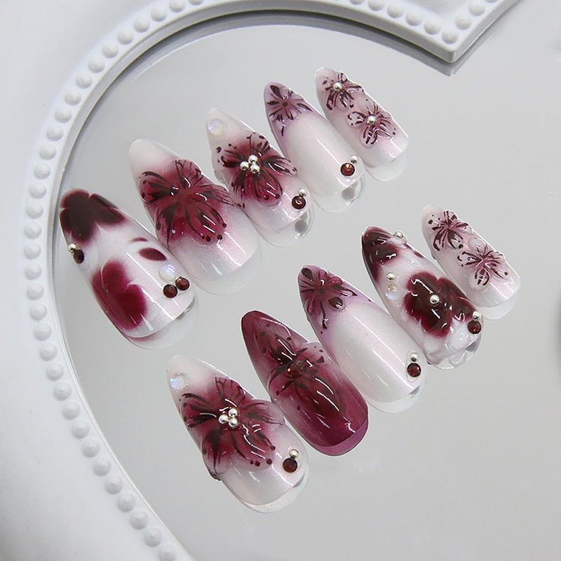 24Pcs Flower Press on Nails Medium Almond Fake Nails 3D Floral with Rhinestones Press Ons Glue on Nails Purple Full Cover Full Cover French Tip False Nails Stick on Nails for Women Spring Acrylic