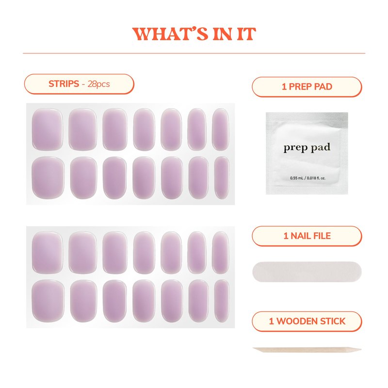 Heyhae Semi Cured Gel Nail Strips | No LED Lamp Needed | Summer, Solid, Purple | Easy Apply & Remove, Salon Quality | Includes 28 Strips, 1 Prep Pads, Nail File & Wooden stick - Hey, Lilac It