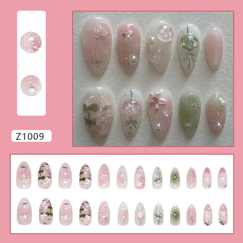 Pink Flower Press-On Nails - Medium Almond Shape with Pearl Design | 24 Pcs Full Cover Spring Fake Nails for Women