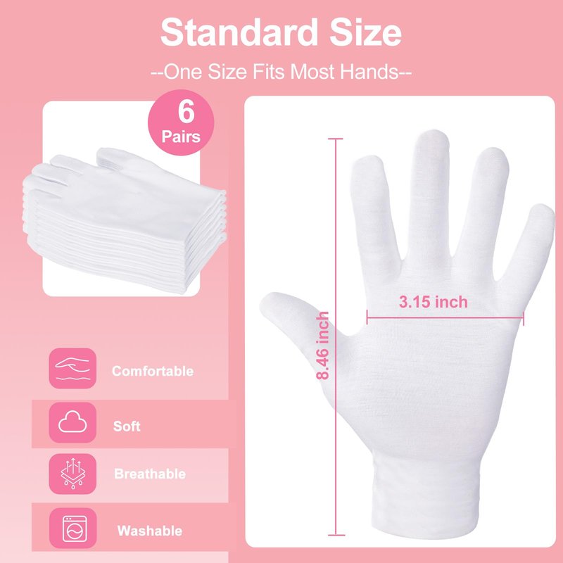 12-Pack White Cotton Gloves, for Dry Hands Sleeping Eczema Care and Night-Time Moisturizing, Unisex Soft Sleep Elastic SPA Glove Set, Arts Crafts, Wedding, Halloween Costumes, Jewellery Inspection